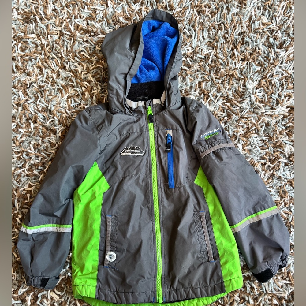 LONDON FOG Hooded Gray Jacket with Neon Green Panel Size 7